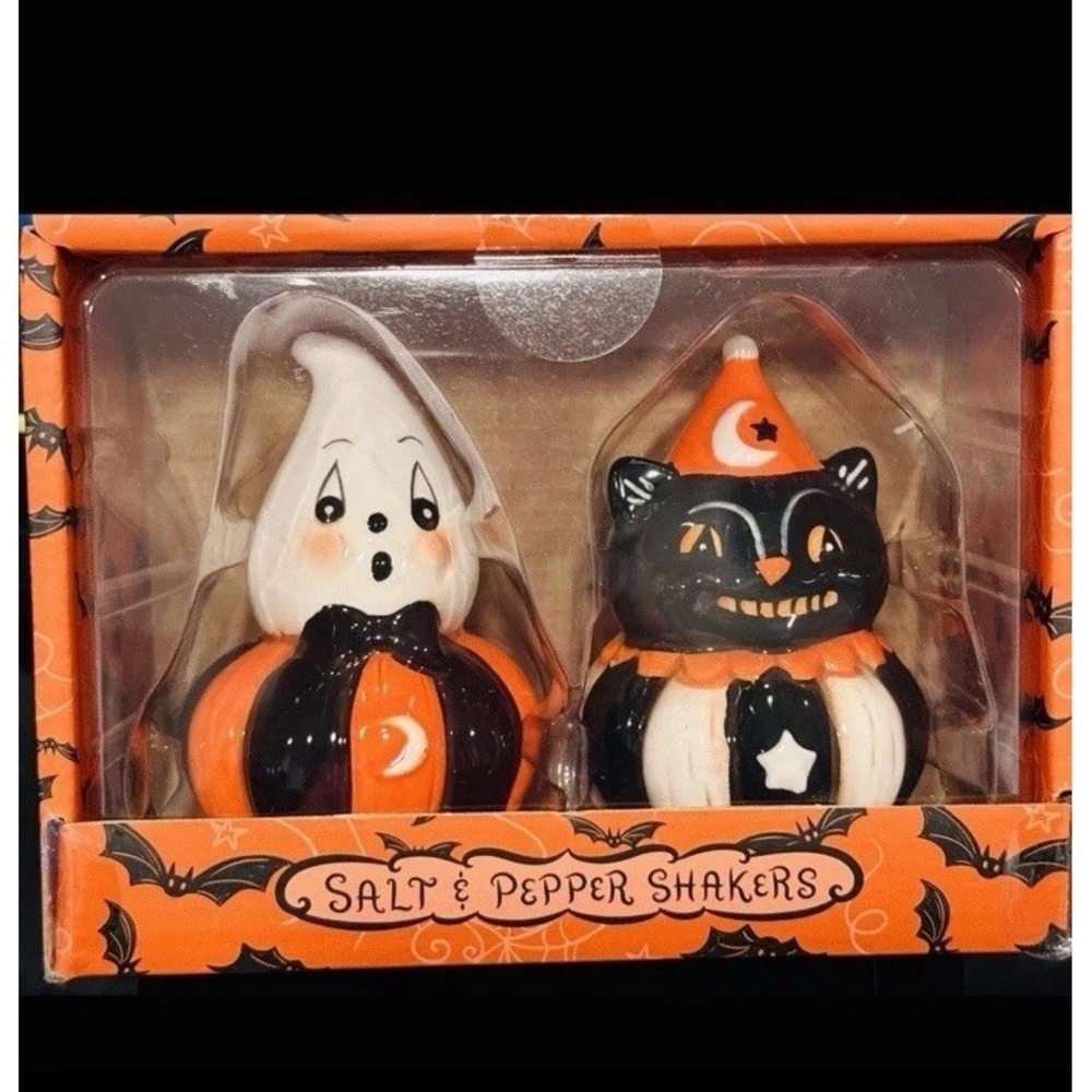 Johanna Parker Halloween Ghost & Black Cat Salt & Pepper Shakers NIB Retro Viral